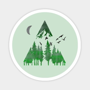 Mountain, Pine Trees, Birds, and Moon Watercolor Landscape Magnet